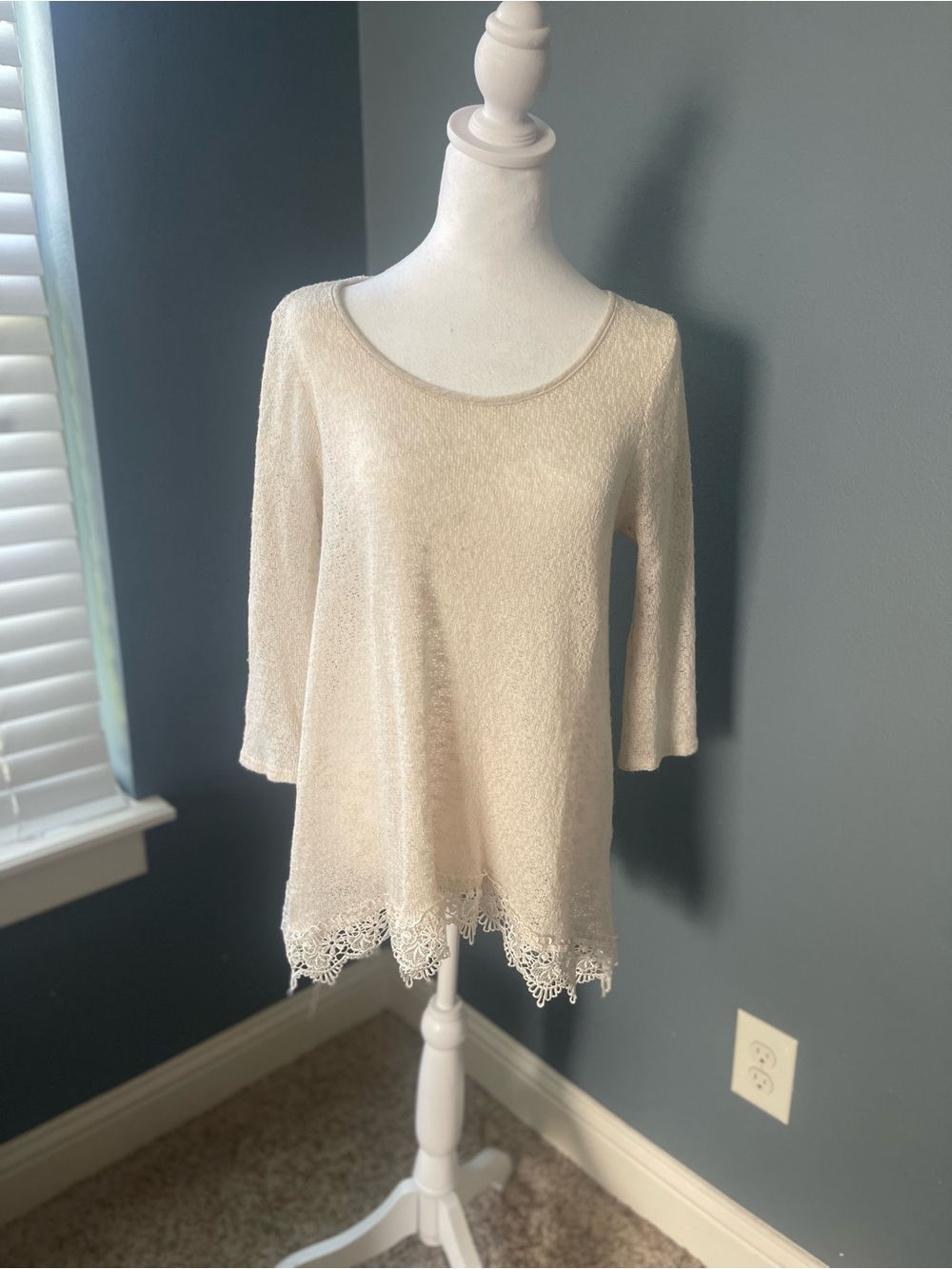 Wrangler Ivory Lightweight Knit Top Lace Hem 3/4 Sleeve Western Boho Large